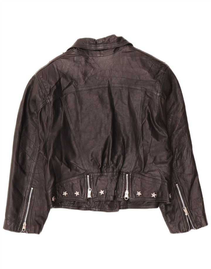 Vintage Damen Crop Leder Bikerjacke UK 12 Mittelschwarzes Leder