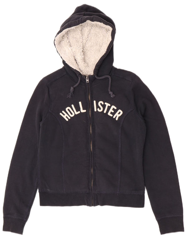 Hollister Damen Sherpa Graphic Zip Hoodie Pullover UK 12 Medium Marineblau