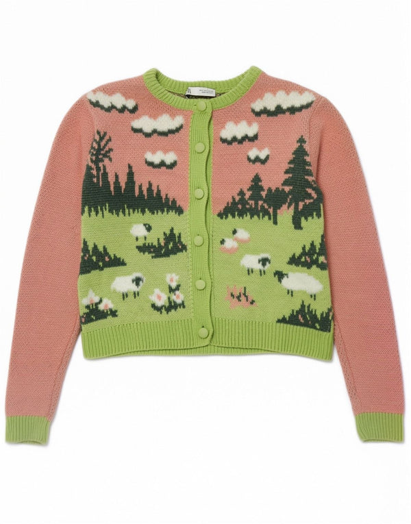 Zara Damen Graphic Crop Cardigan Pullover UK 10 Small Rosa Farbblock