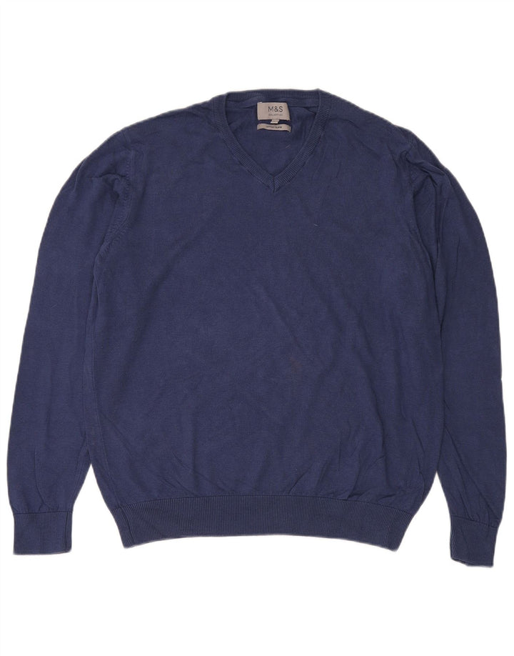Marks & Spencer Herren-Pullover mit V-Ausschnitt, groß, marineblaue Baumwolle