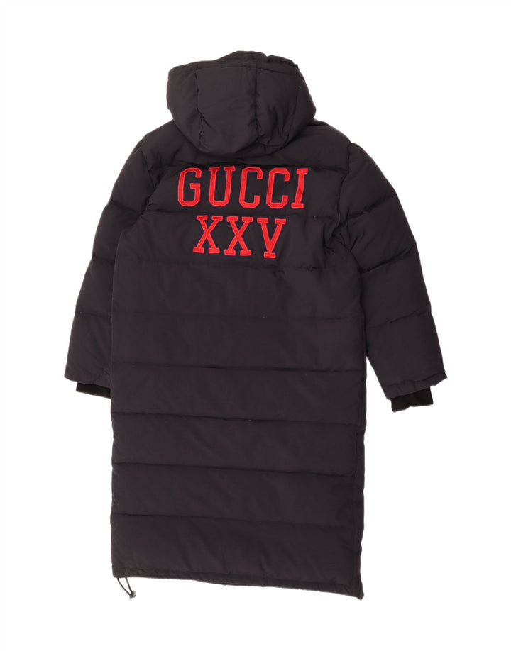 Gucci Herren-gepolsterter Mantel mit grafischer Kapuze, IT 46, großes, schwarzes Polyamid