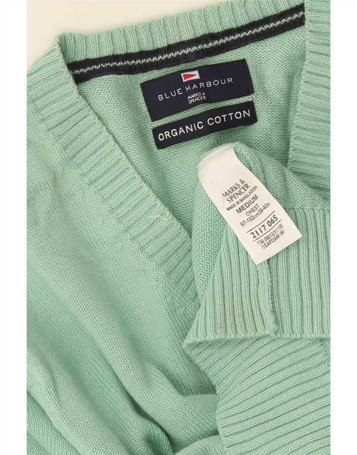 Marks & Spencer Herren Blauer Harbour-Pullover mit V-Ausschnitt aus mittelgrüner Baumwolle