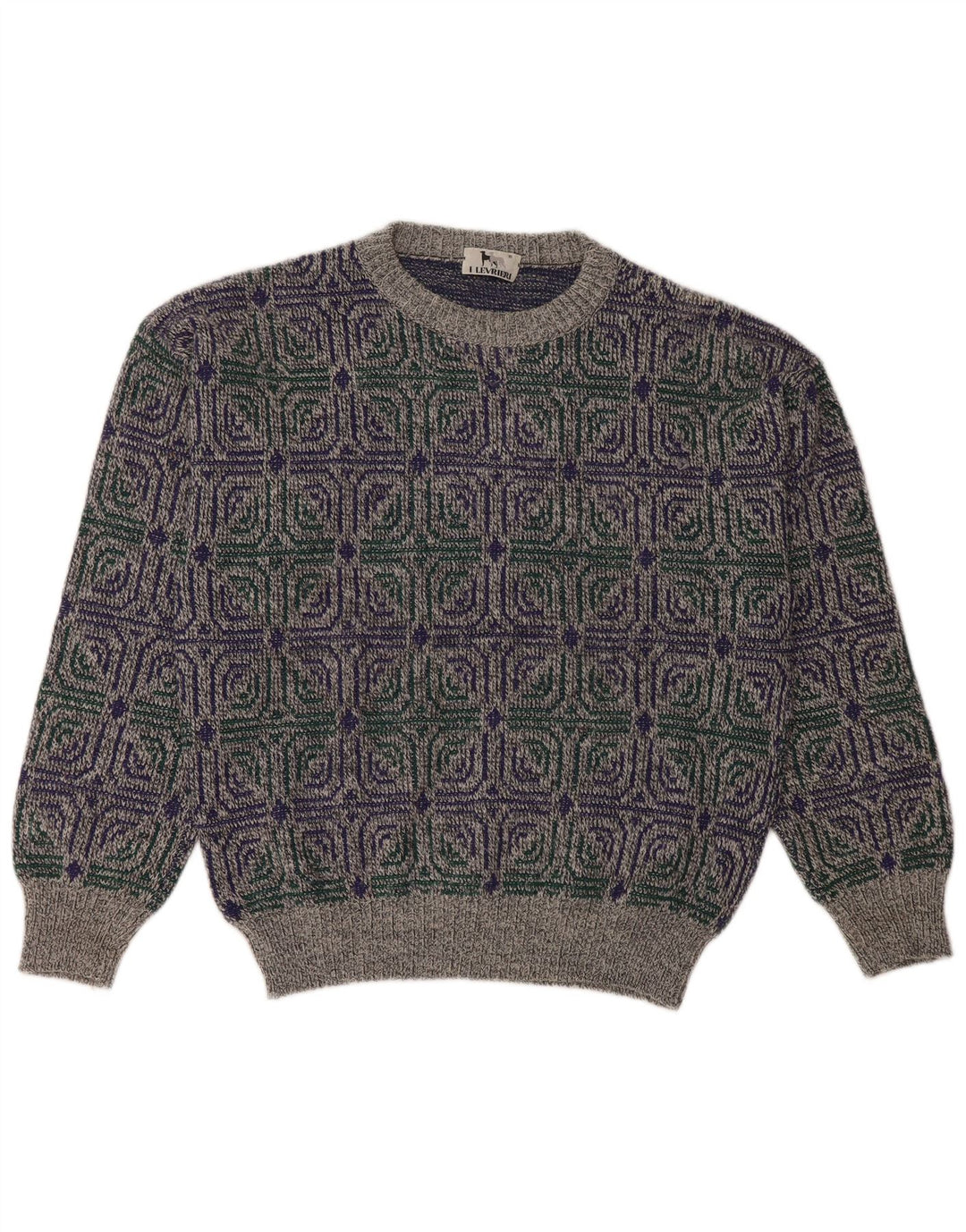 I LEVRIERI Herren-Pullover mit Rundhalsausschnitt, mittelgrau, geometrisch, Polyacryl