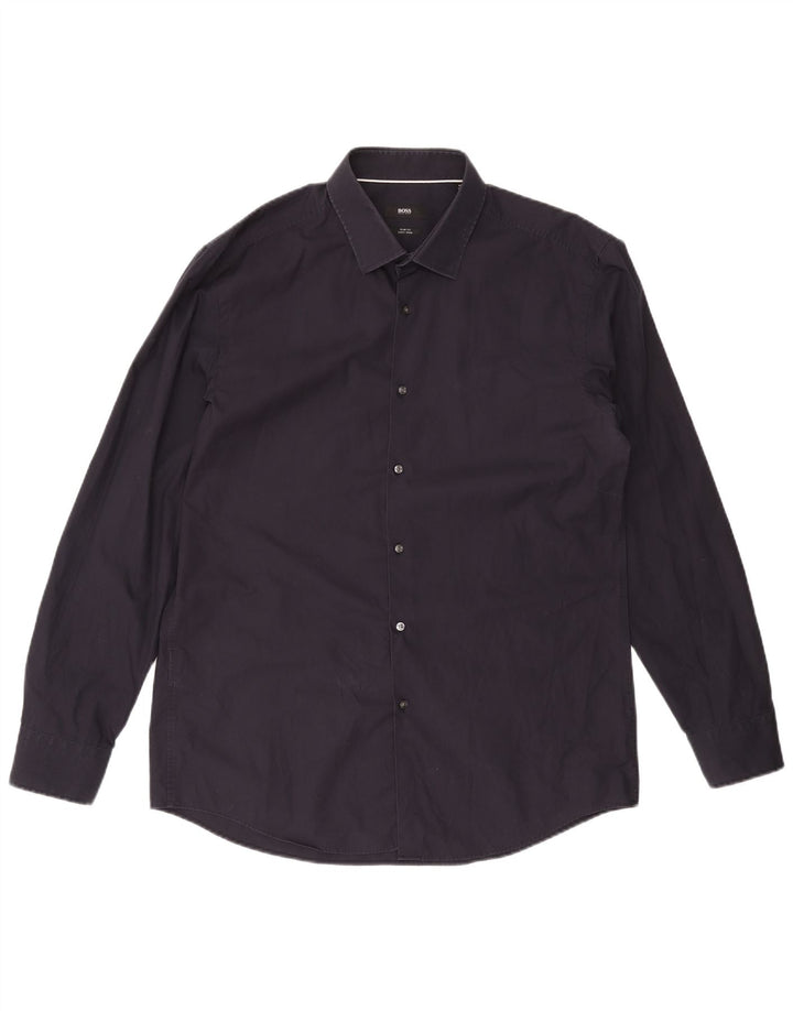 HUGO BOSS Herren Slim Fit Hemd Größe 44 17 1/2 XL Marineblaue Baumwolle