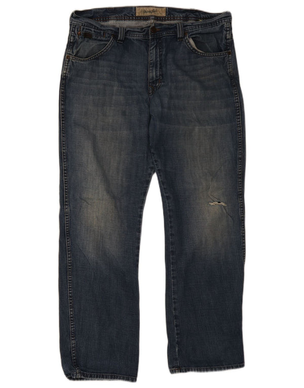 Wrangler Mens Wesley Distressed Straight Jeans W36 L32 Blue Cotton