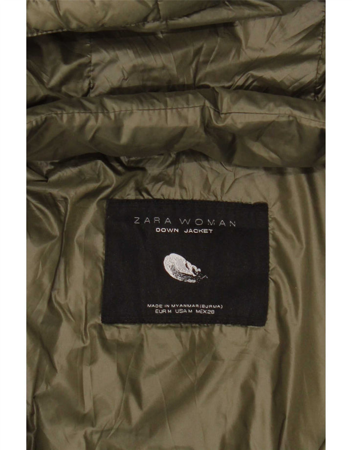 Wattierte Damenjacke von Zara mit Kapuze, UK 12, mittleres Khaki, Farbblock