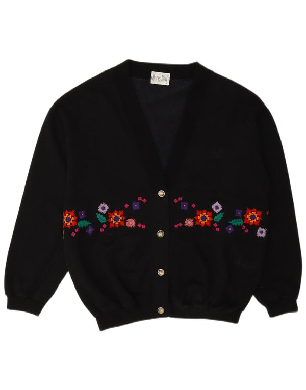 Vintage Damen Cardigan Pullover UK 14 Mittelschwarz geblümte Baumwolle