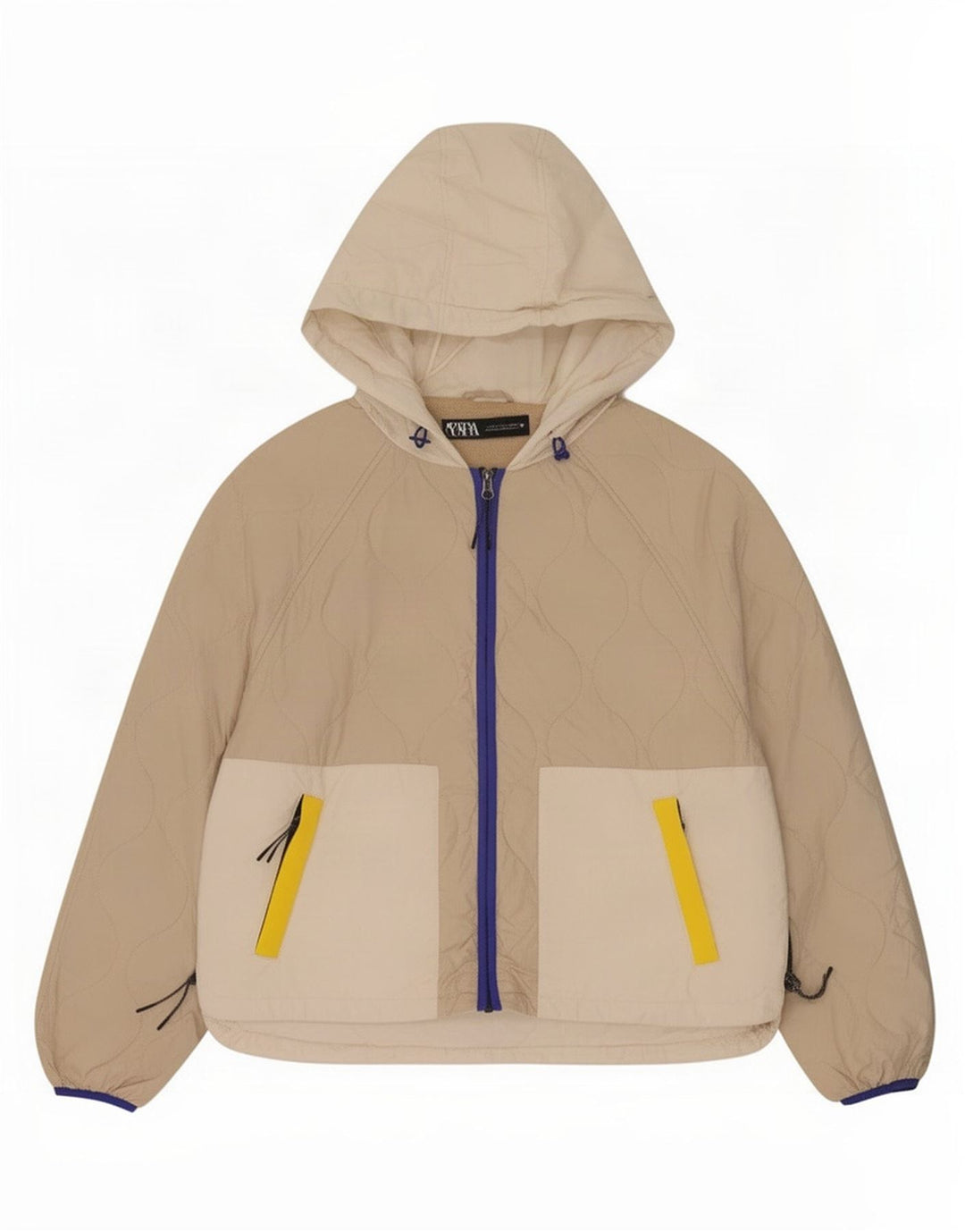 Zara Damen Steppjacke mit Kapuze UK 16 Large Beige Colourblock Polyester