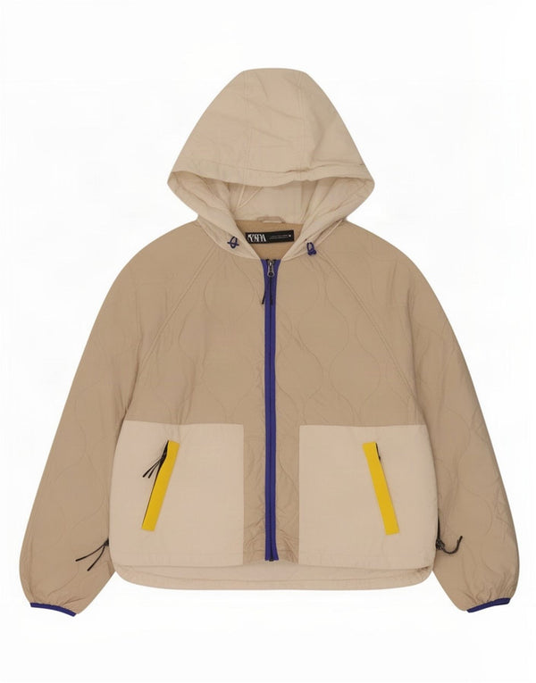 Zara Damen Steppjacke mit Kapuze UK 16 Large Beige Colourblock Polyester