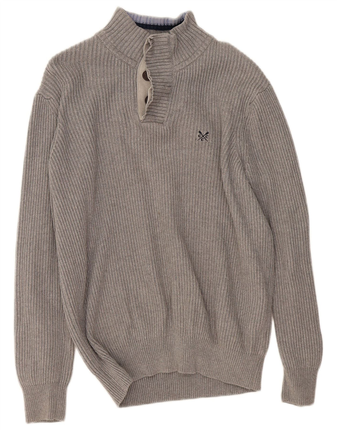 CREW CLOTHING Herren-Pullover mit Knopfkragen, Größe L, aus grauer Baumwolle