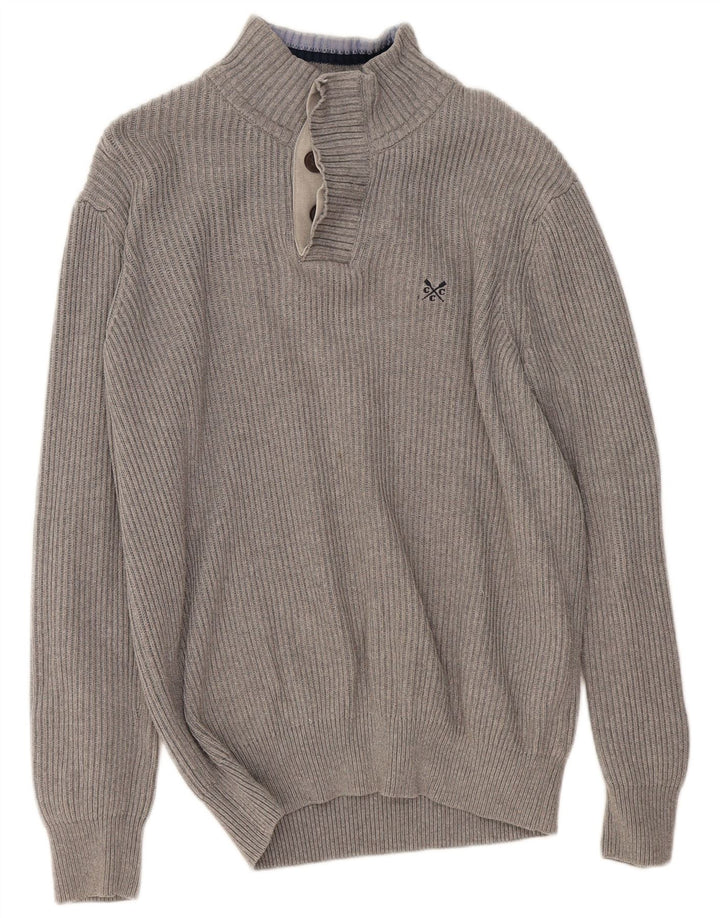 CREW CLOTHING Herren-Pullover mit Knopfkragen, Größe L, aus grauer Baumwolle