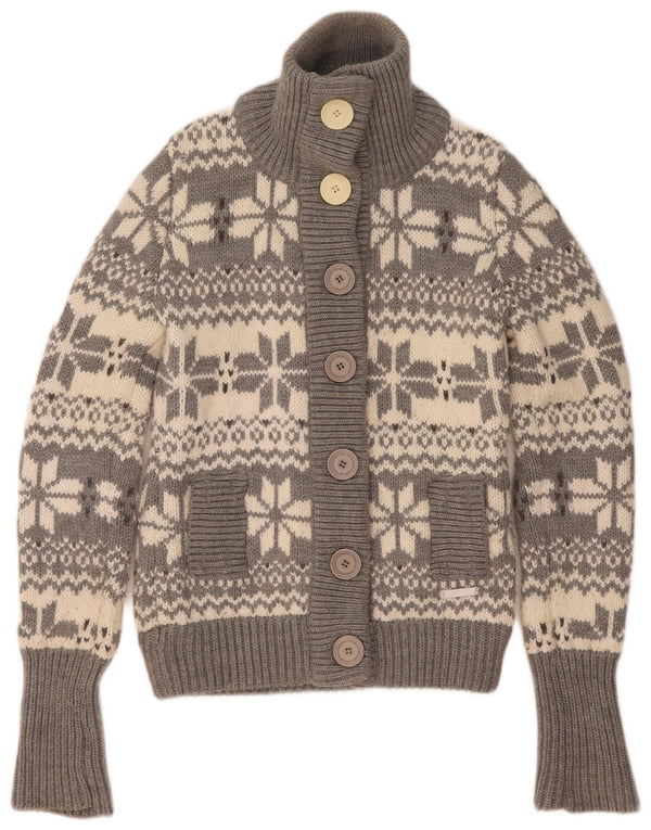 Superdry Womens Cardigan Sweater UK 14 Medium Grey Fair Isle Acrylic