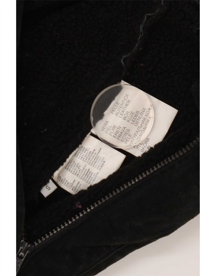Vintage Damen Sherpa Wildlederjacke UK 10 Kleines schwarzes Leder