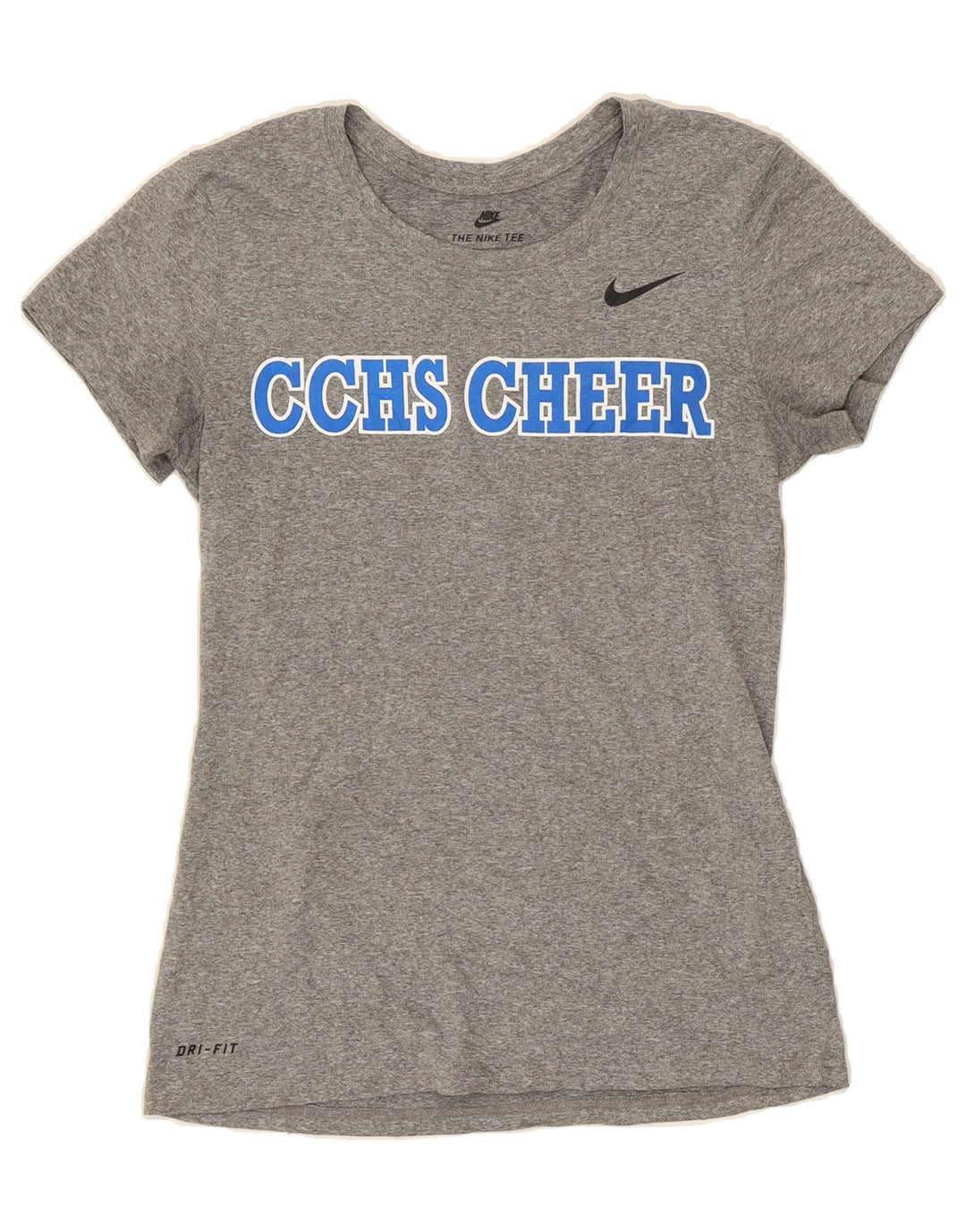 NIKE Womens CCHS Cheer Graphic T-Shirt Top UK 10 Small Grey Polyester Vintage Nike and Second-Hand Nike from Messina Hembry 