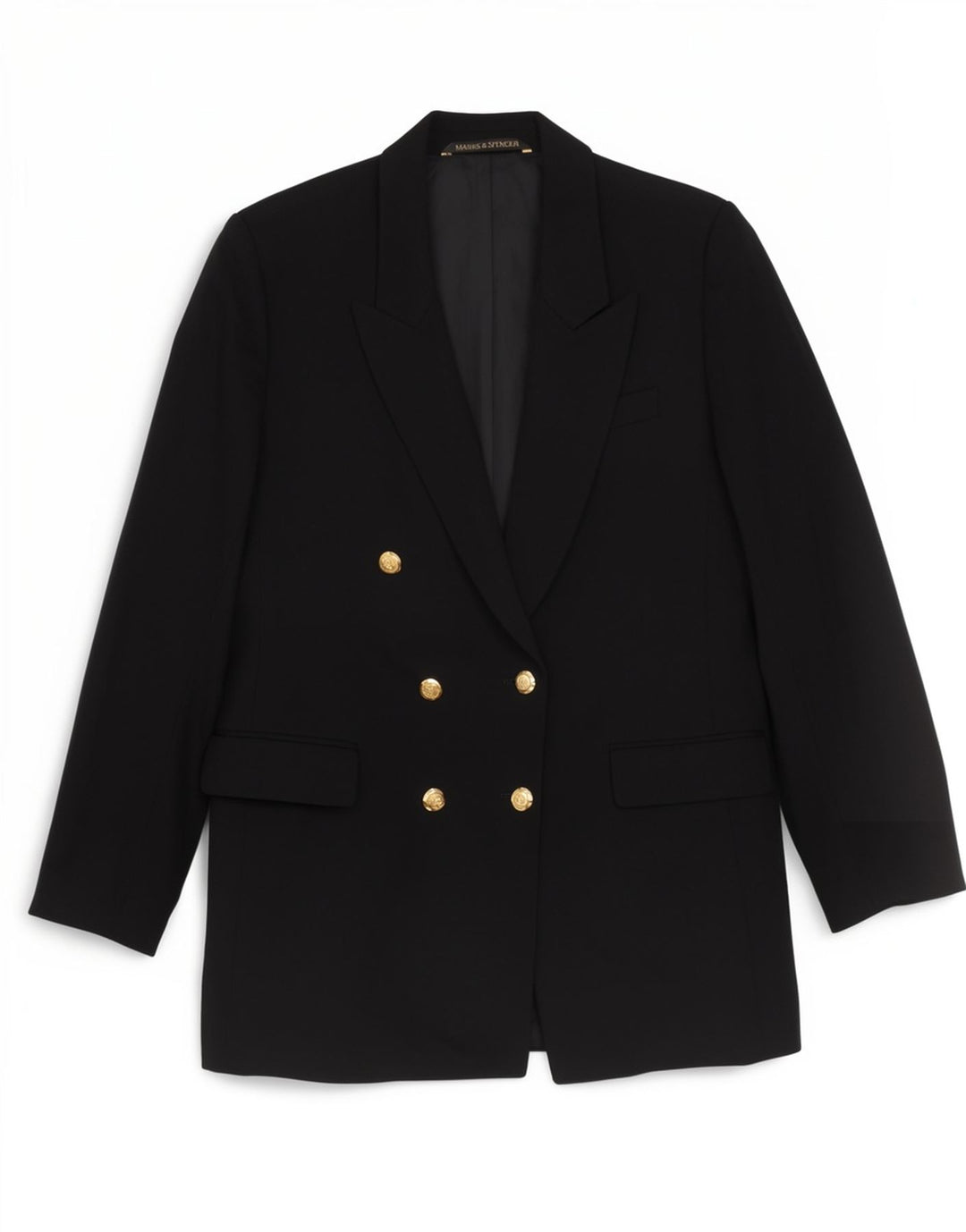 Marks & Spencer Damen Zweireiher-Blazerjacke, Größe 14, schwarze Schurwolle