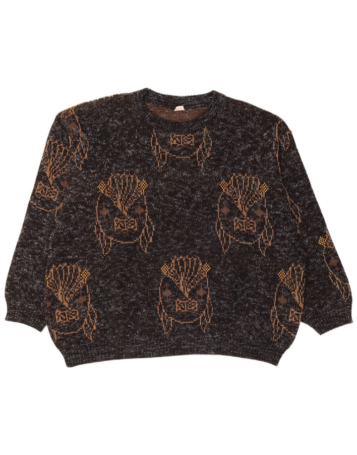 VINTAGE Damen Pullover mit grafischem Rundhalsausschnitt, Gr. 18, XL, Schwarz gefleckt