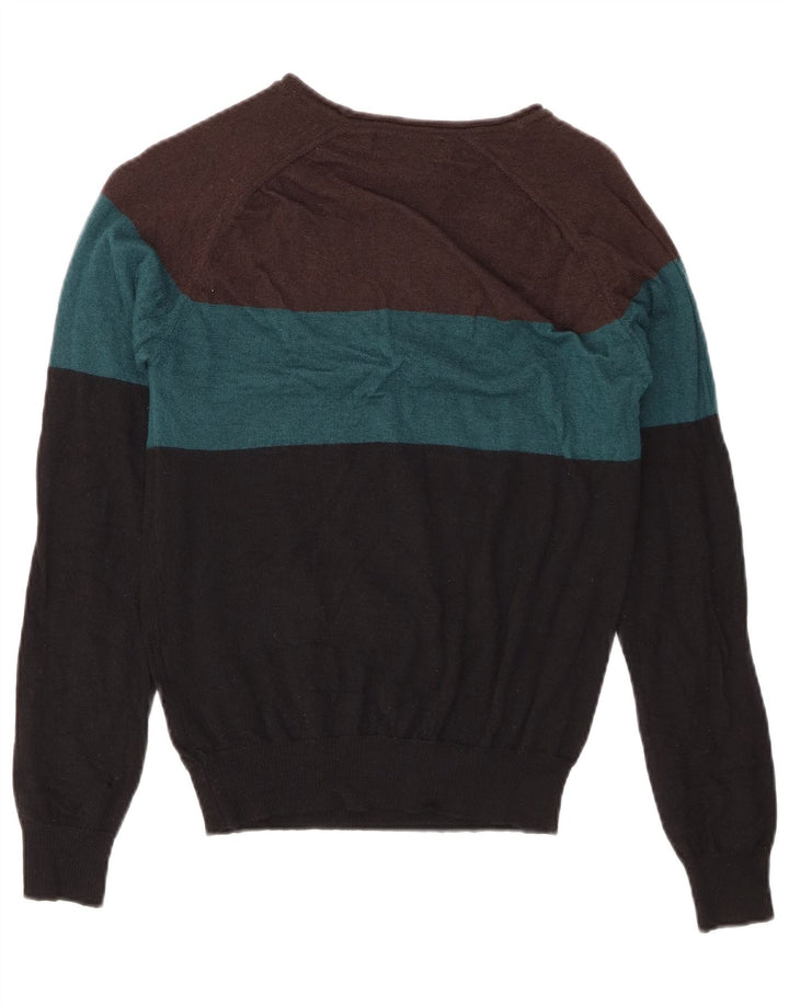 Zara Herren-Pullover mit U-Boot-Ausschnitt, mittelgroße, mehrfarbige Colourblock-Wolle