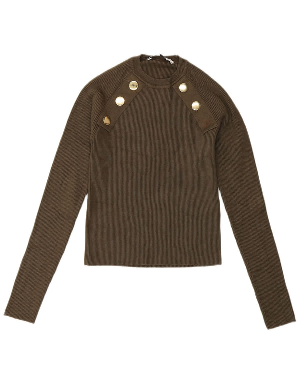 Zara Damen Crop Top Langarm UK 8 Small Grüne Viskose
