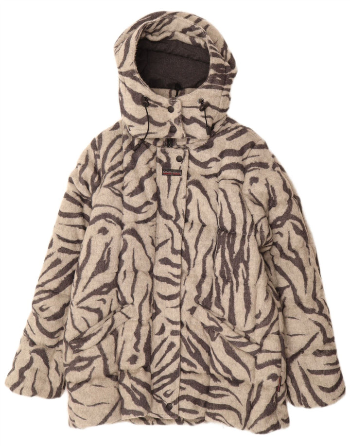 Luhta Wattierter Damenmantel mit Kapuze, UK 12, mittelgraue Wolle mit Animal-Print
