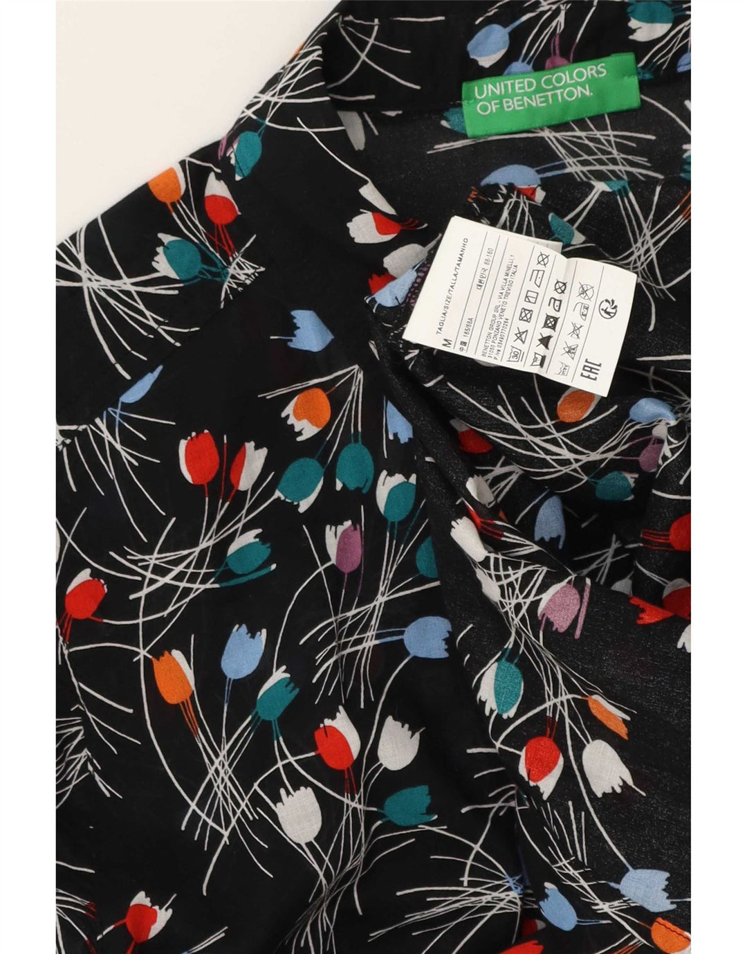 Benetton Damen-Hemd UK 14 Mittelschwarze geblümte Baumwolle