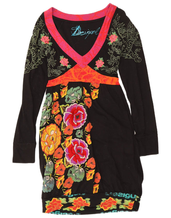 Desigual Damen Grafisches Langarm-Etuikleid UK 12 Mittelschwarz geblümt