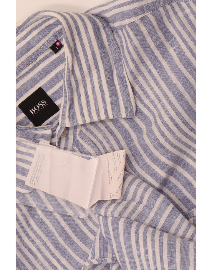 Hugo Boss Herrenhemd, großes blaues Nadelstreifen-Leinen