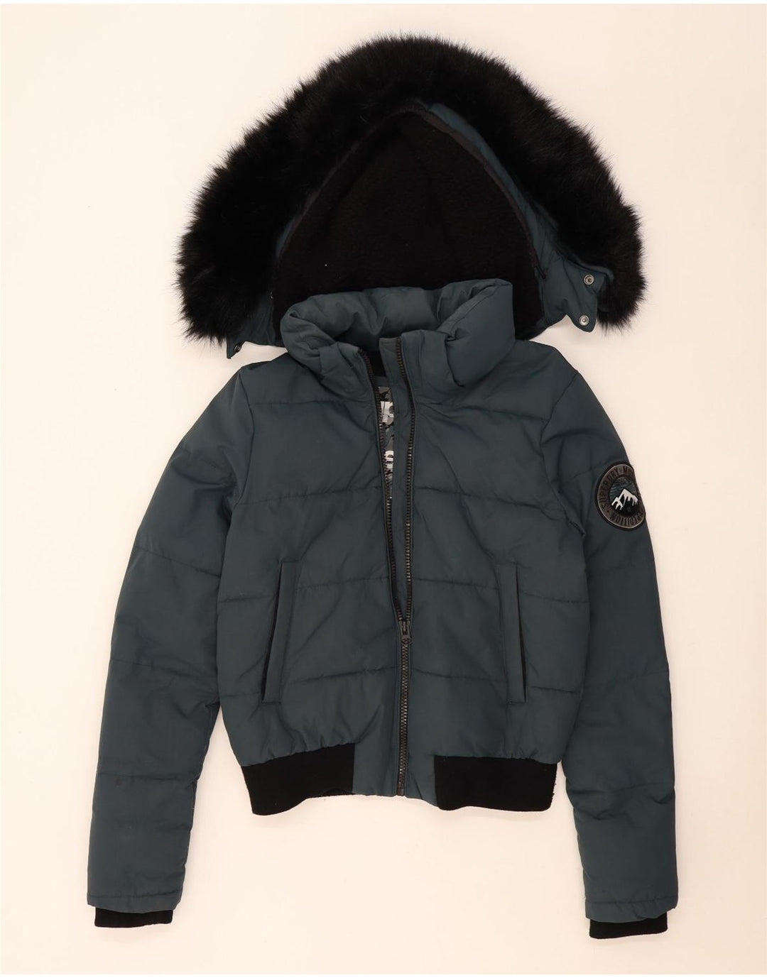 Superdry Damen Bomberjacke mit Kapuze, wattiert, UK 14, mittelblau, Farbblock