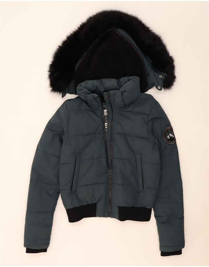 Superdry Damen Bomberjacke mit Kapuze, wattiert, UK 14, mittelblau, Farbblock