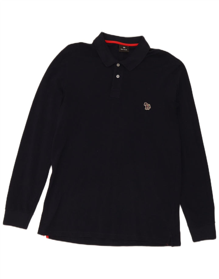 Paul Smith Herren-Langarm-Poloshirt, mittelmarineblaue Baumwolle