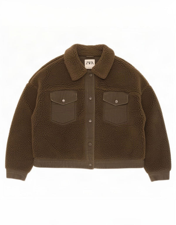 Zara Damen Crop Sherpa Jacke UK 14 Large Khaki Polyester