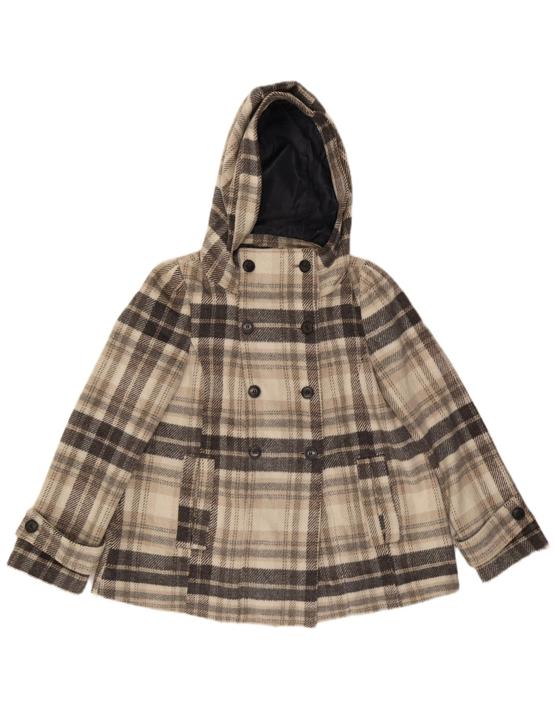 Zara Damen Pea Coat mit Kapuze, UK 14, Mittelgrau, kariert, Polyester