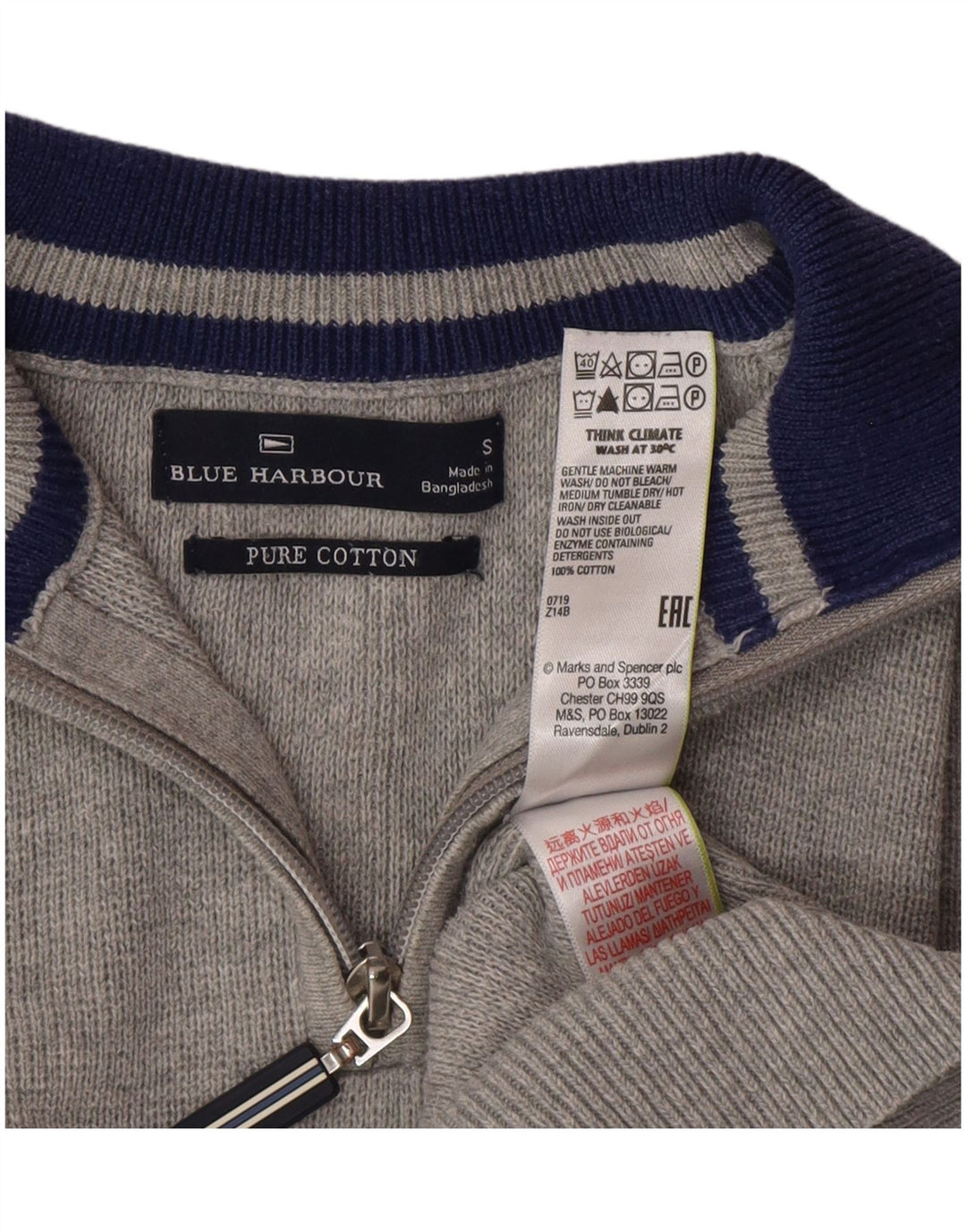 Marks & Spencer Herren Blauer Harbor-Pullover mit Reißverschluss am Hals, Größe S, Grau