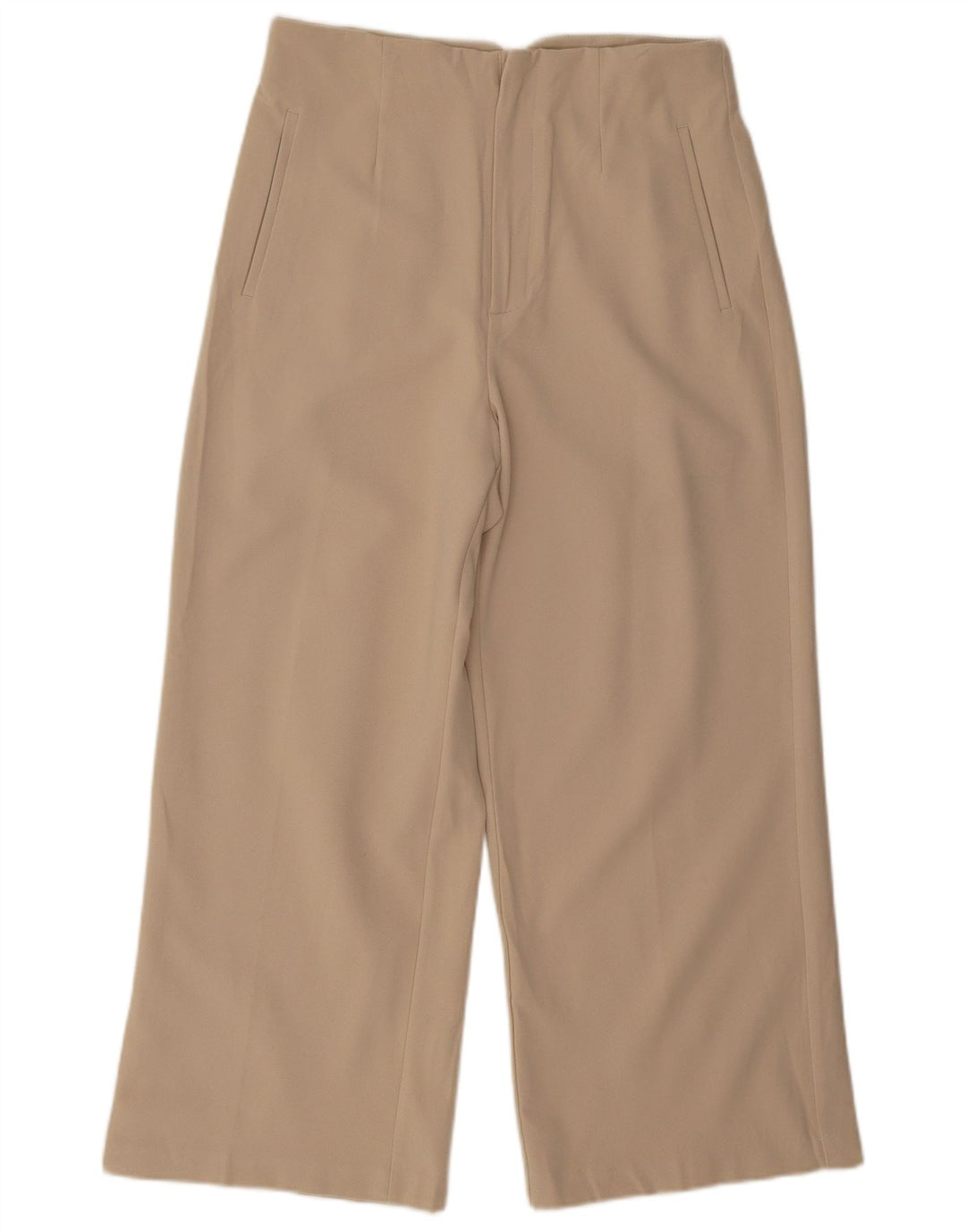 Zara Damen-Hose mit weitem Bein, kurz geschnitten, Größe L, W32, L25, Beige, Polyester