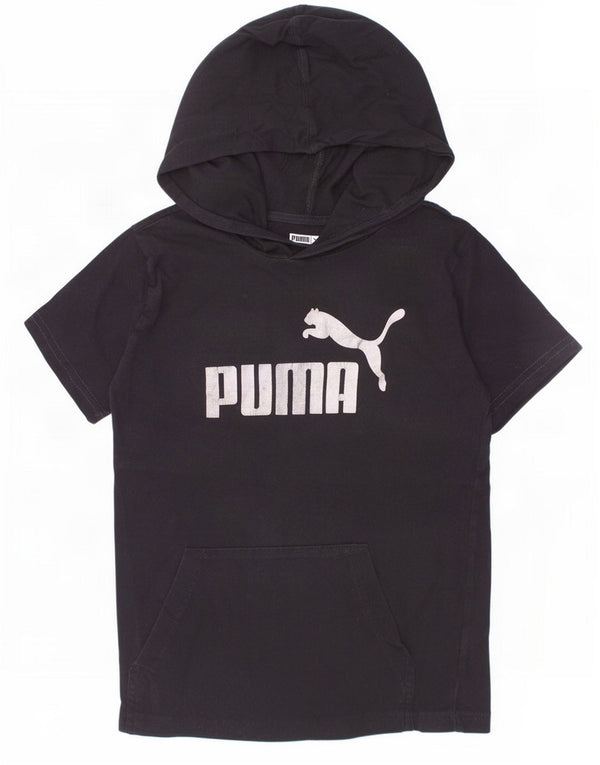 Puma Mädchen-T-Shirt mit Kapuze, Grafik, 10–11 Jahre, mittelgroß, schwarze Baumwolle