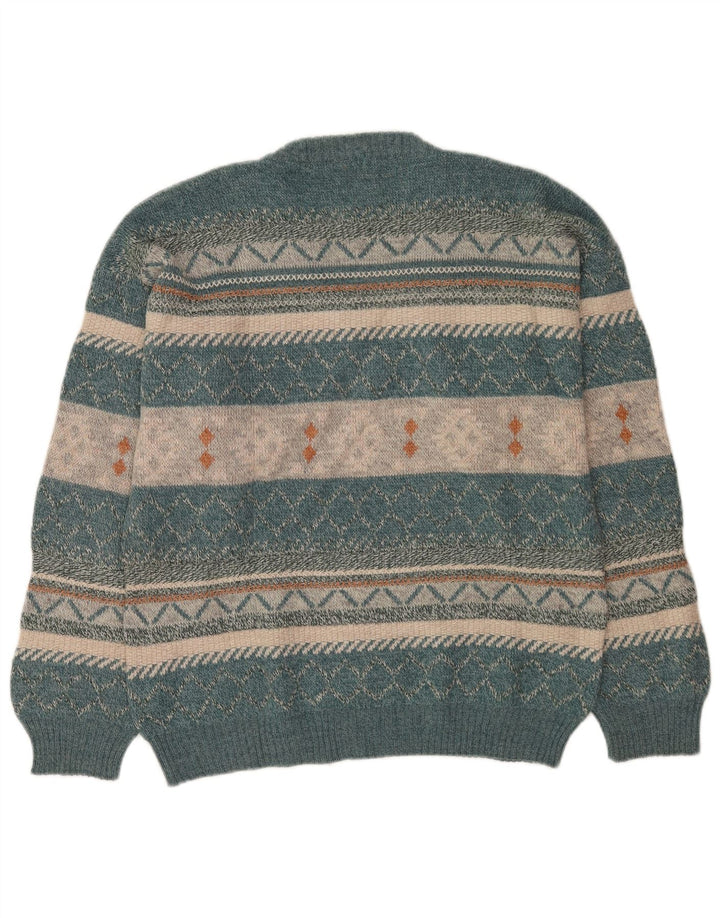 Vintage Herren Pullover mit V-Ausschnitt, groß, blaue Fair-Isle-Wolle