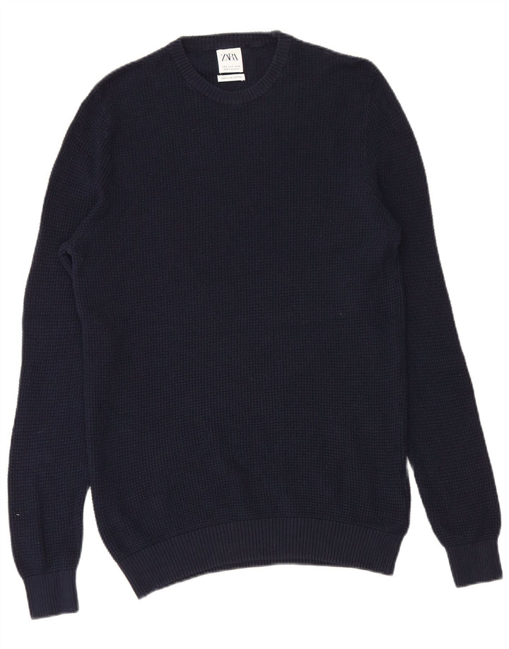 Zara Herren-Pullover mit Rundhalsausschnitt, mittlere marineblaue Baumwolle