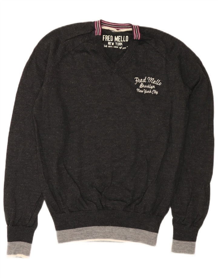 Fred Mello Damen-Pullover mit grafischem V-Ausschnitt, Gr. 10, Größe S, Grau