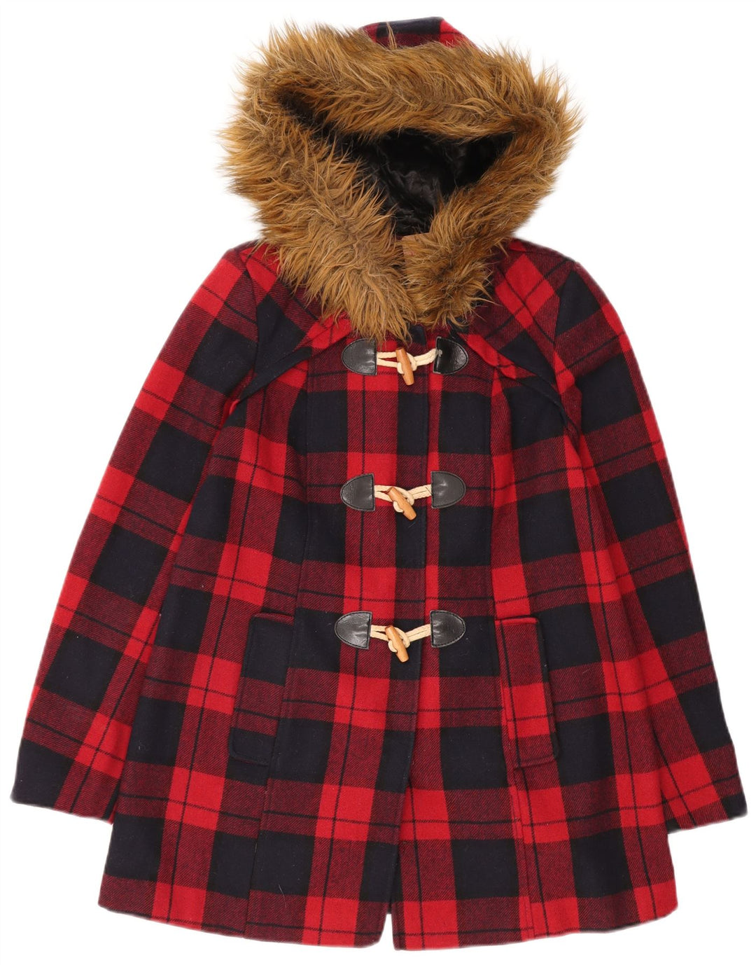 MISS SELFRIDGE Damen-Dufflecoat mit Kapuze, UK 6, XS, rot karierte Wolle