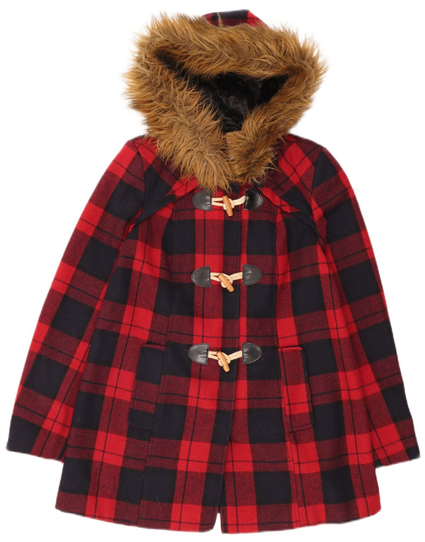 MISS SELFRIDGE Damen-Dufflecoat mit Kapuze, UK 6, XS, rot karierte Wolle