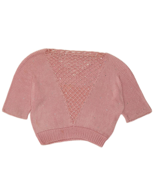 Vintage Damen Crop U-Boot-Ausschnitt Pullover UK 14 Mittelrosa gefleckt