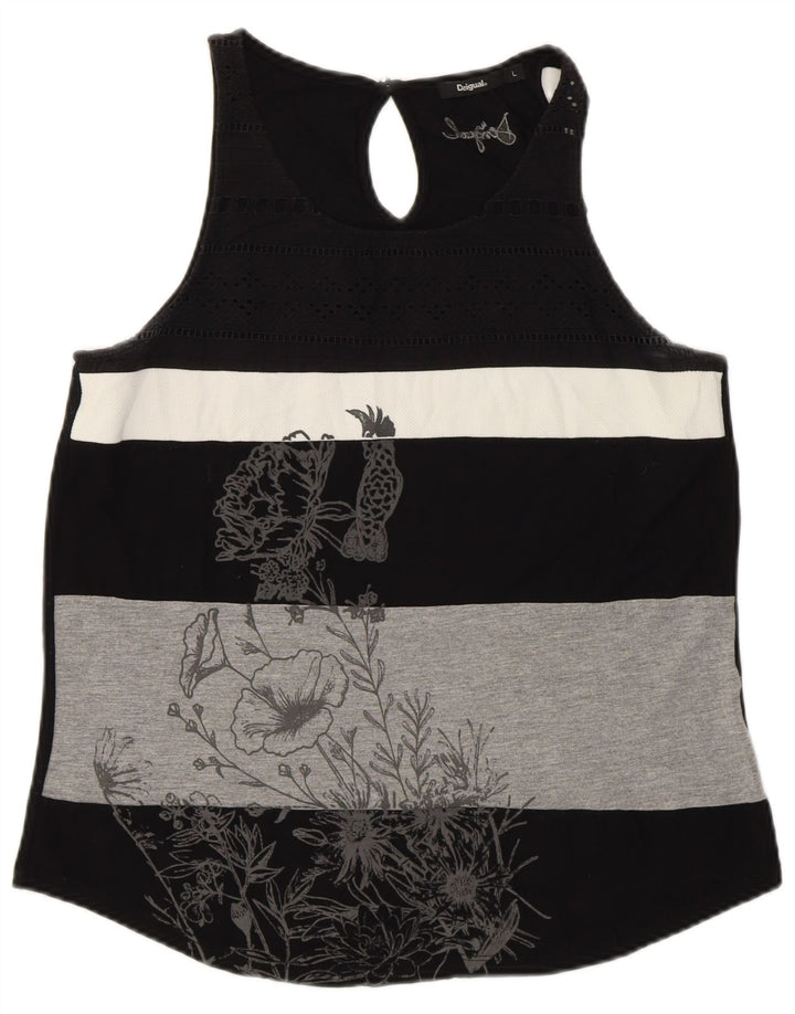 DESIGUAL Damen Graphic Vest Top UK 14 Large Schwarz gestreift