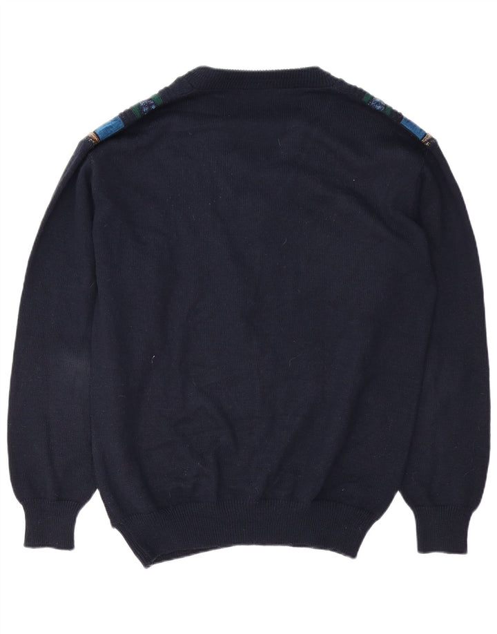 Vintage Herren Pullover mit V-Ausschnitt, groß, marineblau, geometrisch, Polyacryl