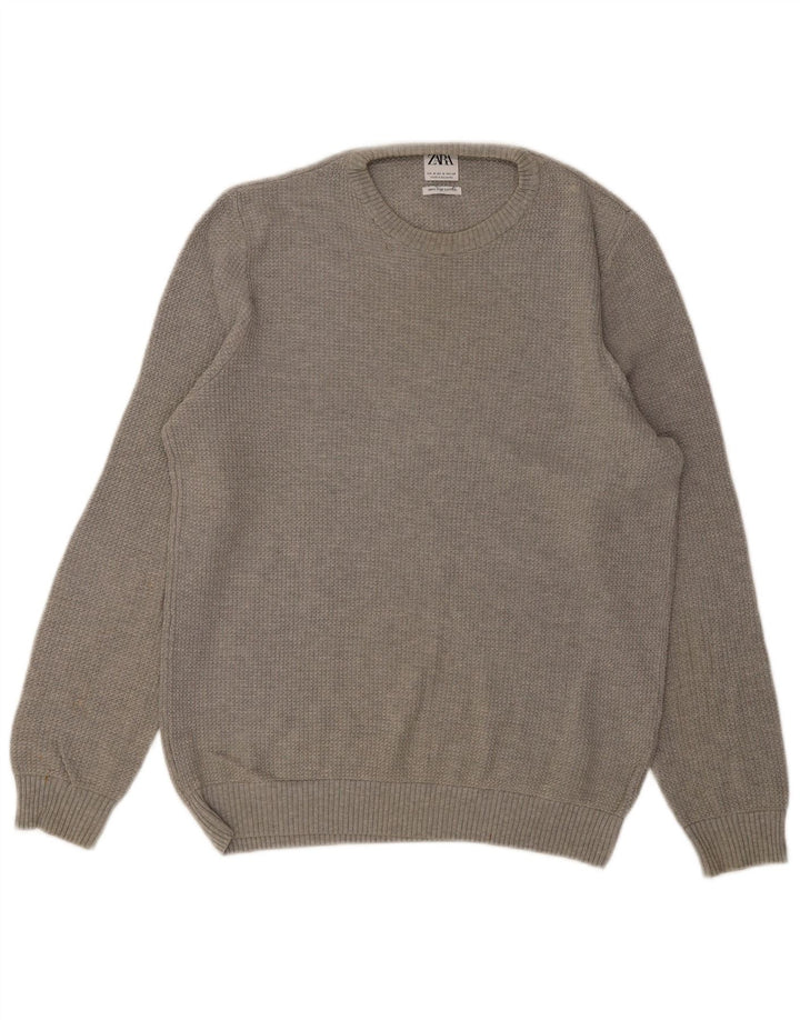 ZARA Herren-Pullover mit Rundhalsausschnitt, mittelgraue Baumwolle