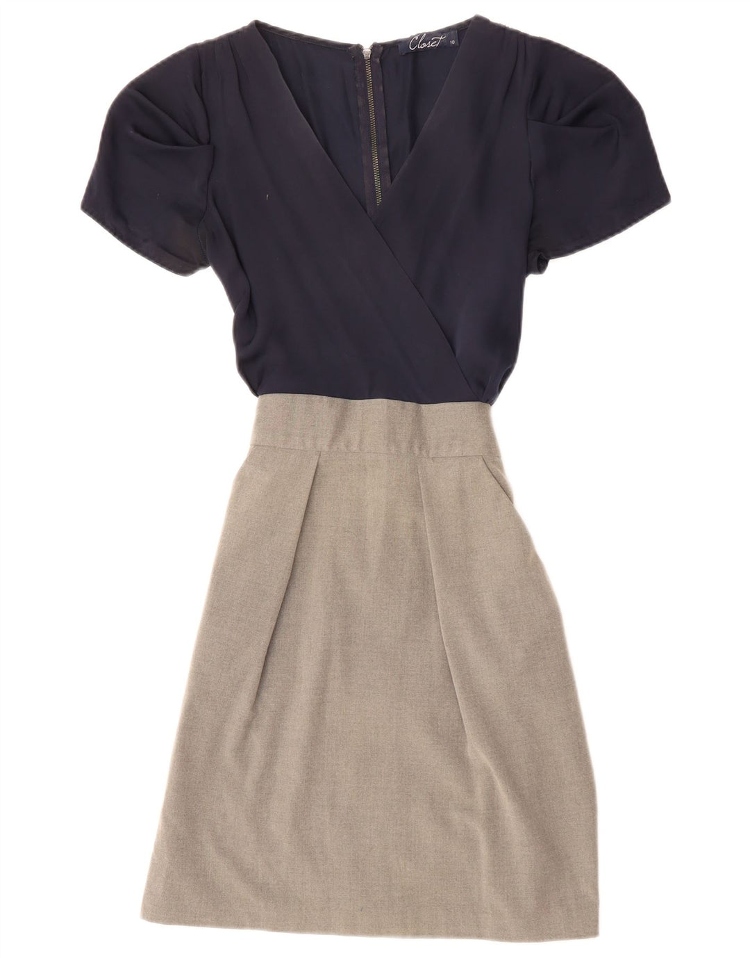 CLOSET Damen Wickelkleid UK 10 Small Marineblaues Colourblock-Polyester