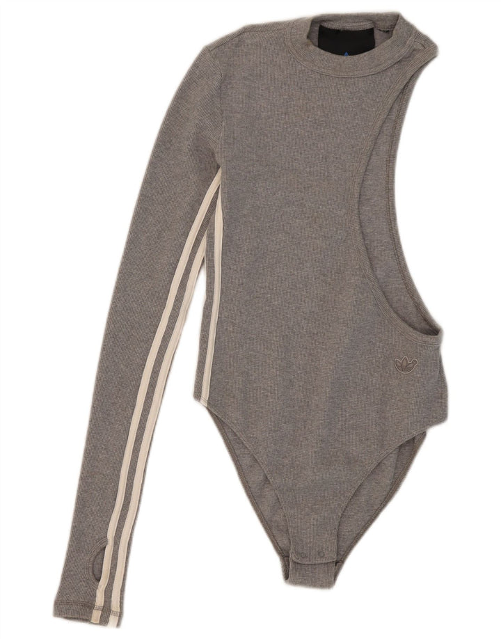 Adidas Damen One Shoulder Bodysuit UK 10 Small Graue Baumwolle