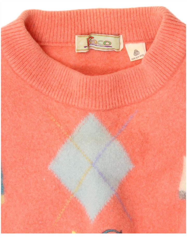 PACO Womens Crew Neck Jumper Sweater UK 16 Large Orange Argyle/Diamond