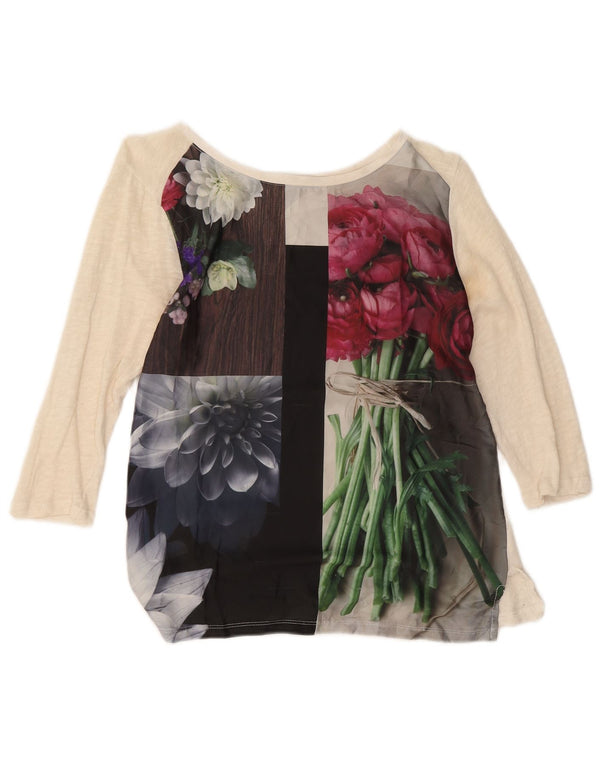 Zara Damen-Top mit 3/4-Ärmeln, UK-Größe 14, Mittelbeige mit Blumenmuster