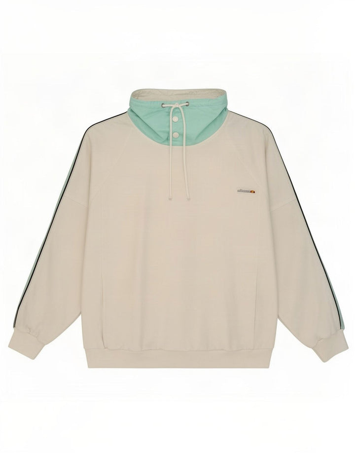 Ellesse Herren-Sweatshirt mit Knopfkragen, groß, weiße Blockfarben-Baumwolle