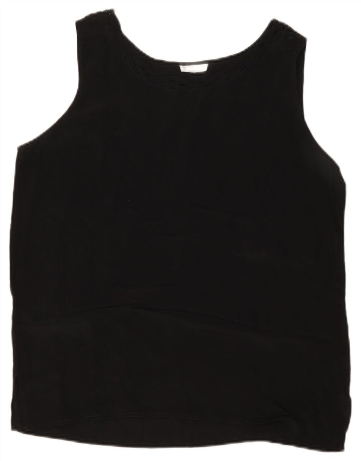 VINTAGE Damen Ärmelloses Blusentop UK 14 Mittelschwarze Seide