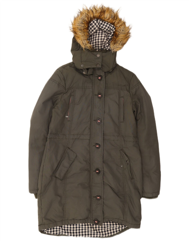 Fat Face Damen-Parka mit Kapuze, UK 10, Größe S, Khaki, Baumwolle